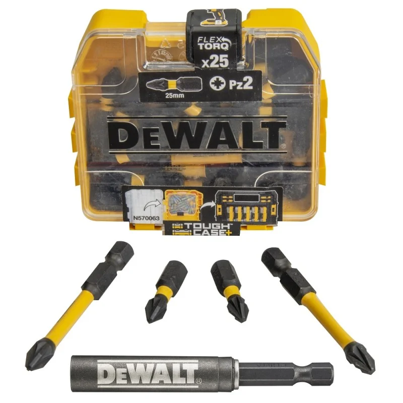 DeWalt screwdriver bit case with loose short and long bits and a bit holder arranged in front.