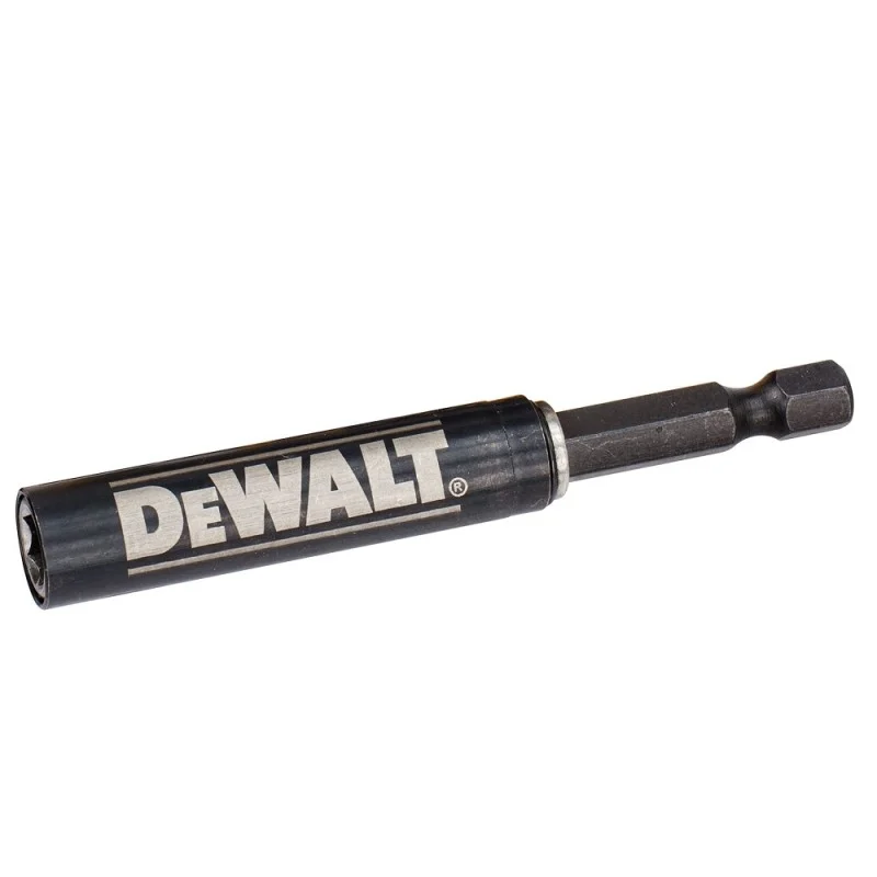 DeWalt bit holder shown diagonally, with its branded sleeve and hexagonal shank visible.
