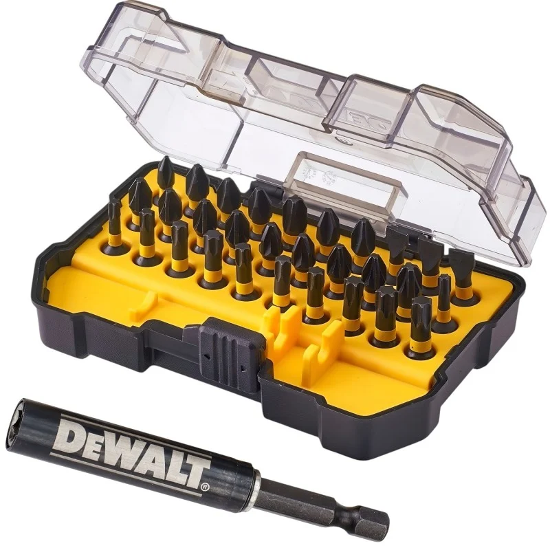 Open DeWalt impact bit case showing rows of bits beneath the clear hinged lid.