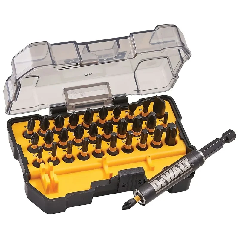 DeWalt impact bit set in an open yellow case with the bit holder positioned across the front.