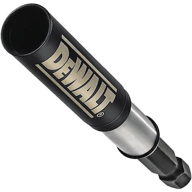 Close-up of the black sleeve and hexagonal shank on a DeWalt bit holder.