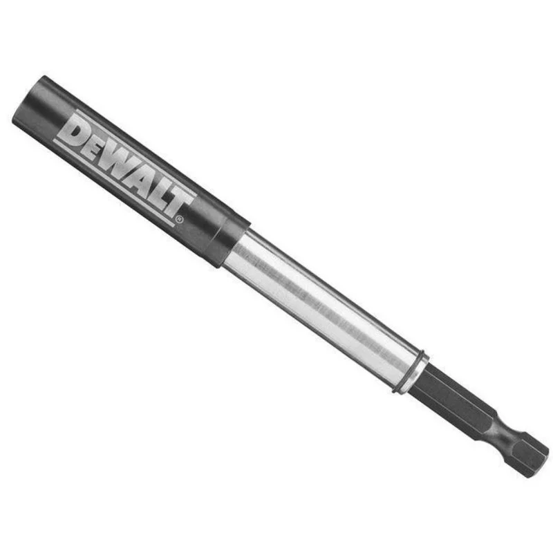 Side view of a DeWalt bit holder showing the extended silver shaft and hexagonal shank.
