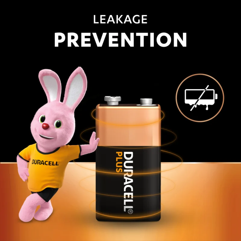 Duracell graphic showing a copper-top battery, the Duracell bunny and the words Leakage Prevention.