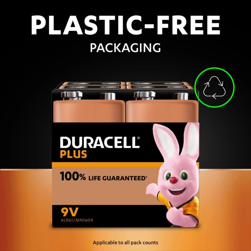 Duracell 9V battery packaging graphic displaying the words Plastic-Free Packaging.