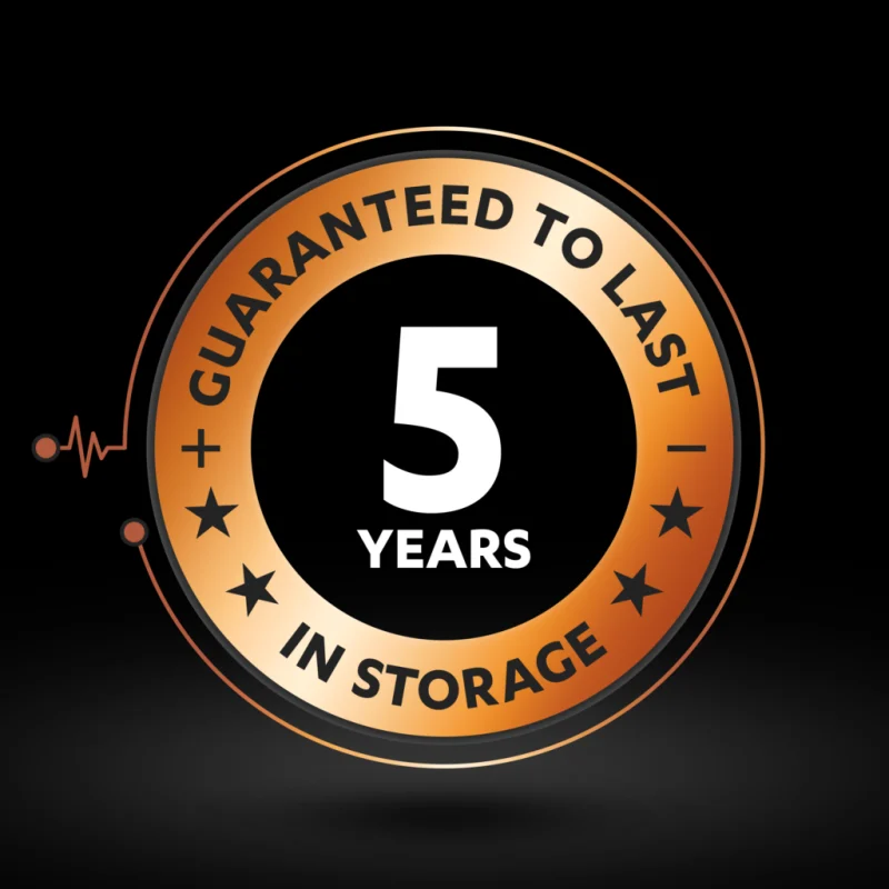 Black and copper Duracell badge displaying a five-year storage guarantee message.