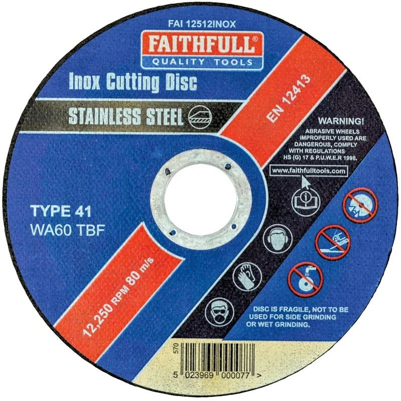 Face-on view of a Faithfull INOX cutting disc with its blue and red printed label.