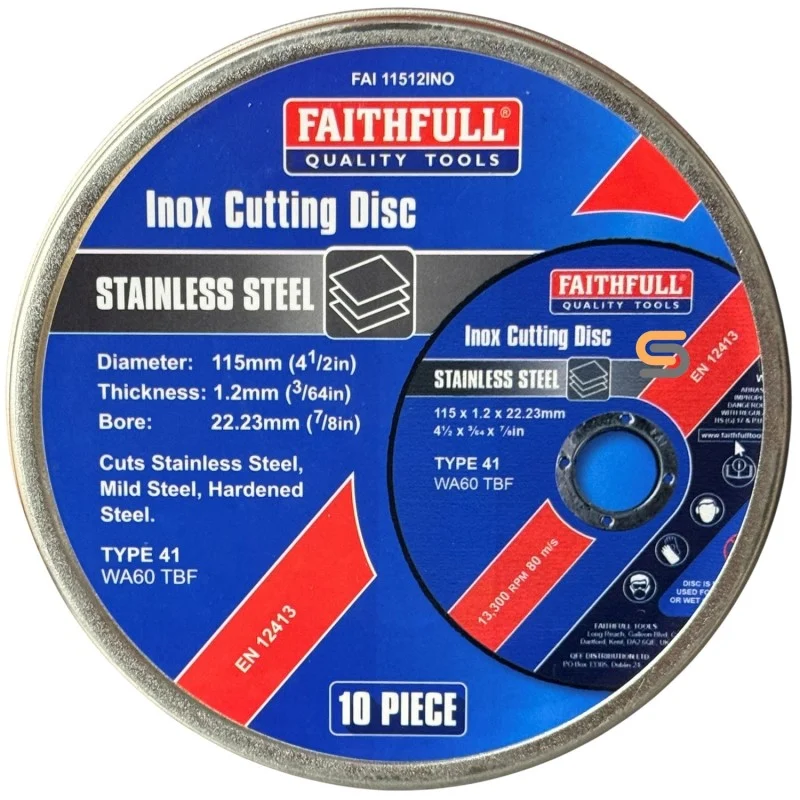 Round Faithfull INOX cutting disc tin labelled as a ten-piece pack, with a disc illustration on the lid.