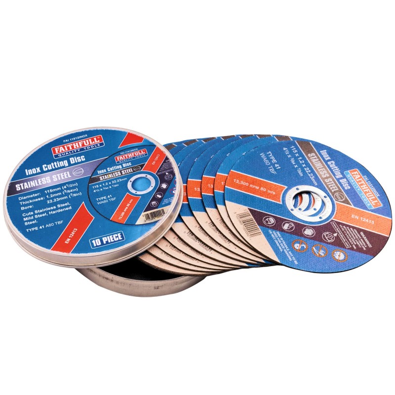 A stack of thin Faithfull cutting discs with two labelled faces visible at either end.