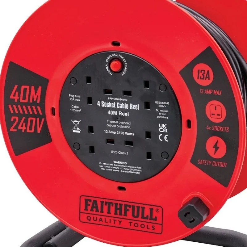 Close-up of the red Faithfull cable reel showing four sockets and the central label.