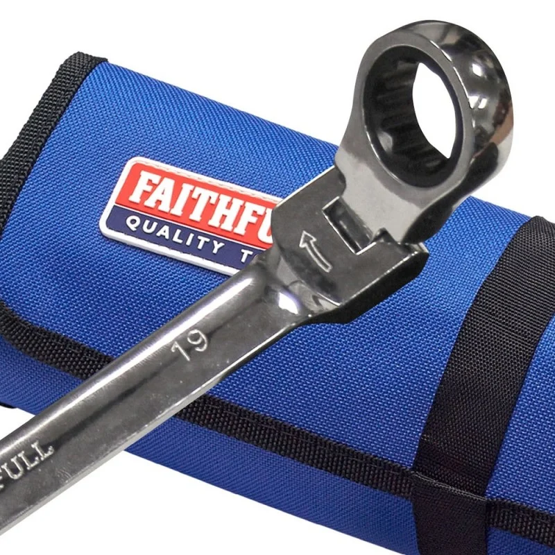Close-up of a Faithfull hinged ratchet spanner resting against a blue tool roll.