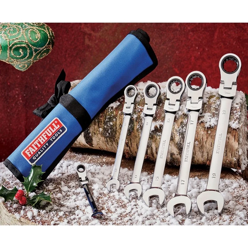 Six Faithfull combination spanners arranged beside their rolled blue storage pouch.