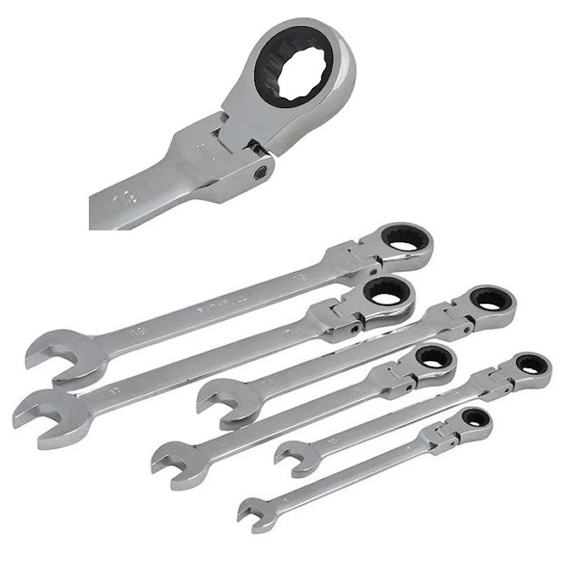 Faithfull combination spanners laid out in graduated sizes beneath a close-up of the hinged ring end.