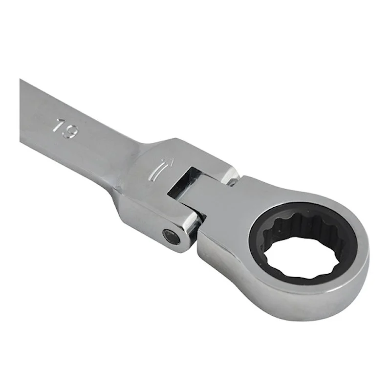 Close-up of a Faithfull spanner showing the pivot joint between its shaft and ring head.