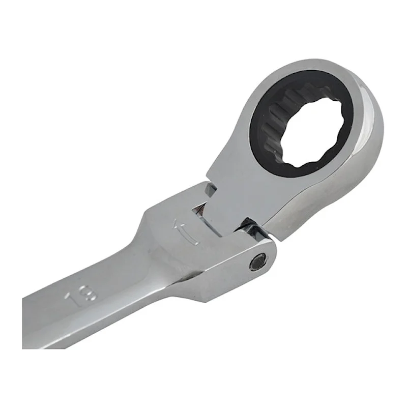 Faithfull spanner ring head shown at an angle to reveal the hinge and inner ratchet profile.