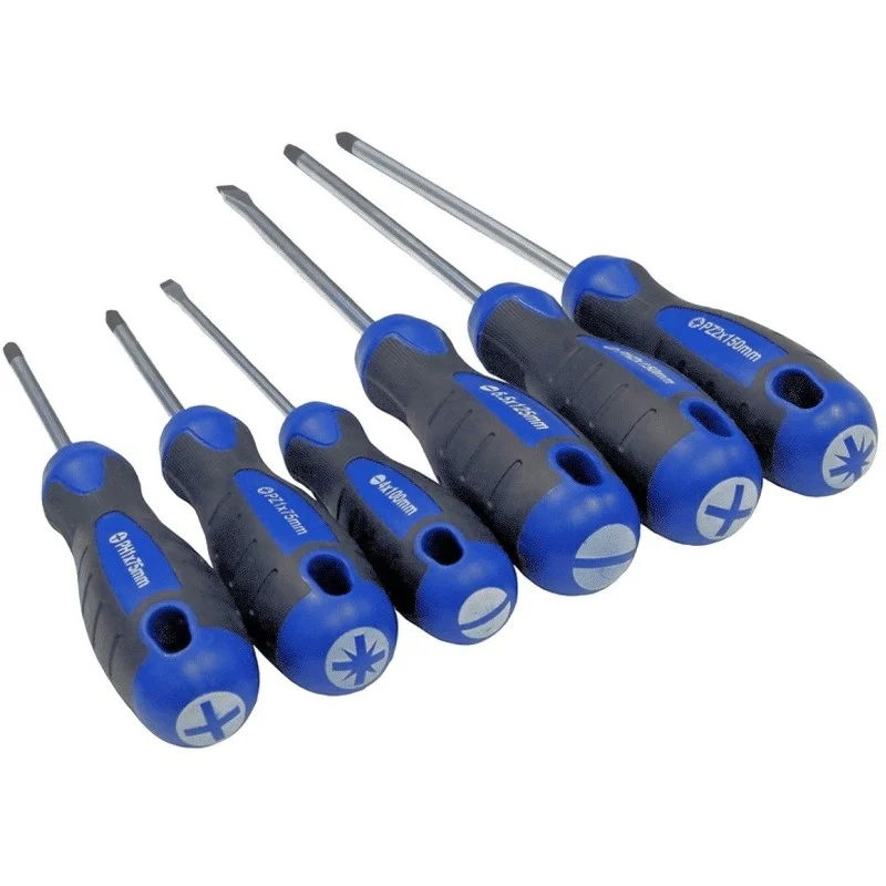 Six Faithfull screwdrivers arranged with their blue and black handles towards the viewer.