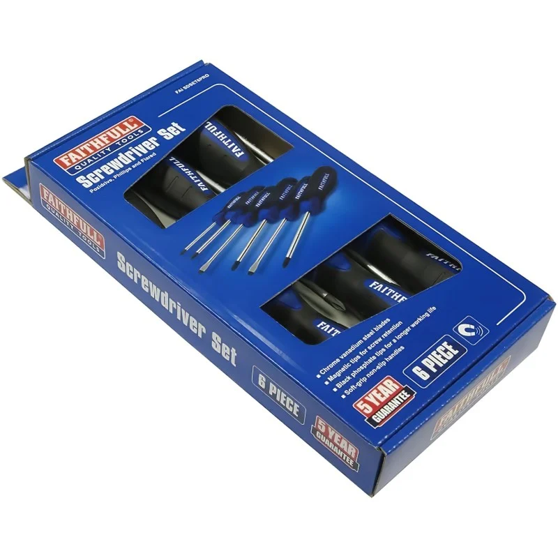 Faithfull six-piece screwdriver set in a blue retail box with windows showing the handles.