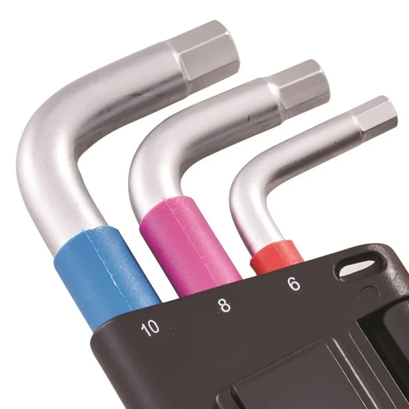 Close-up of colour-coded Faithfull hex keys showing their bent short ends and size-labelled holder.