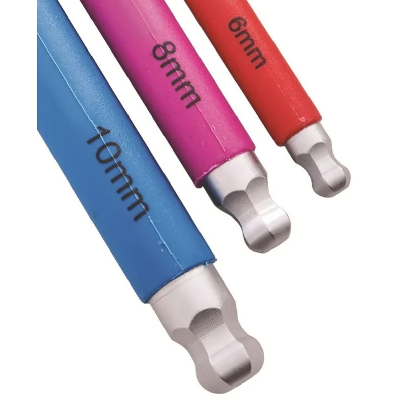 Close-up of colour-coded hex keys showing the ball ends and printed size markings.