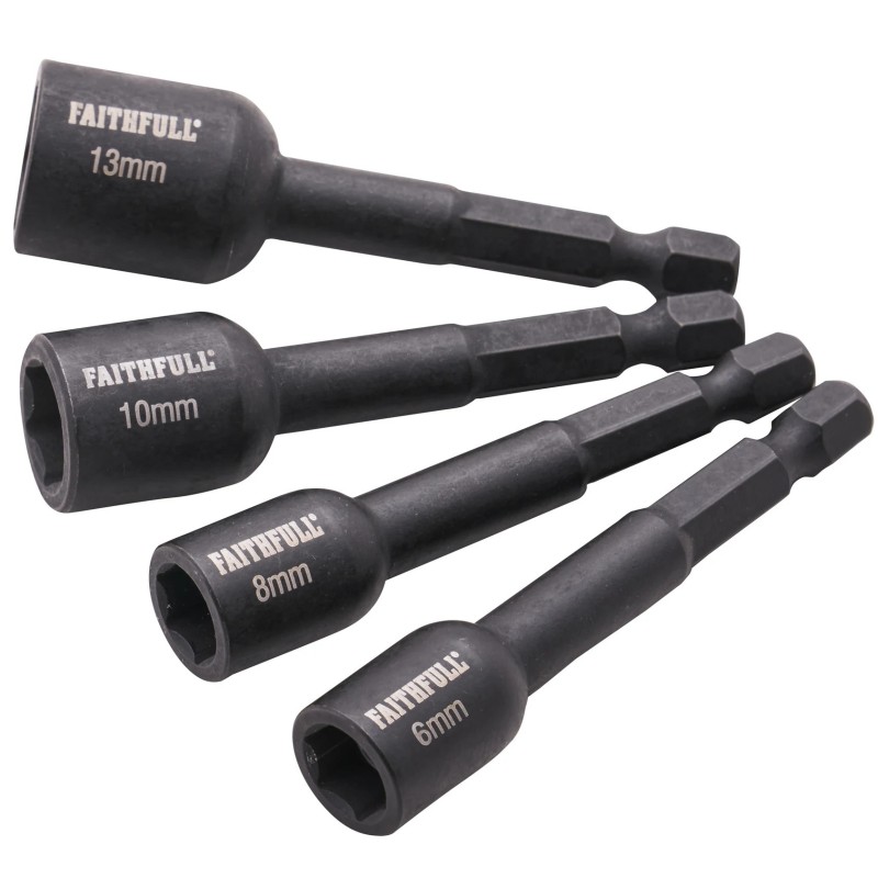 Four black Faithfull nut drivers arranged to show their socket heads, size markings and hexagonal shanks.