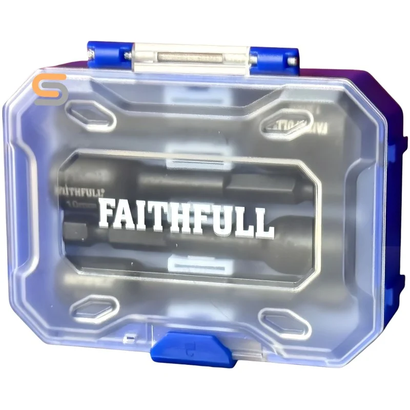Faithfull nut drivers visible through the clear lid of a blue storage case.