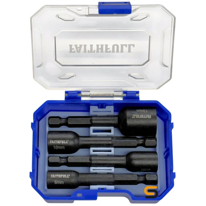 Four Faithfull nut drivers arranged in moulded compartments inside an open blue case.