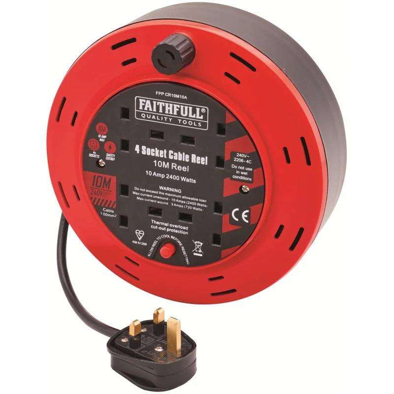 Red Faithfull cable reel with a black cable and UK plug positioned below the socket panel.