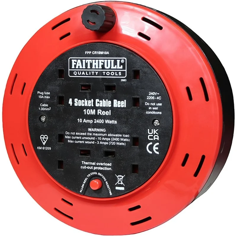 Faithfull 10m Cable Reel Front View Faithfull 4-Socket Cassette Cable Reel 10m (FPPCR10M10A) – XMS26CR10M