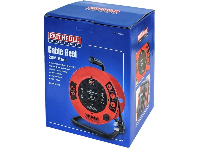 Faithfull FPPCR20240 20m 240V cable reel shown in its blue retail packaging