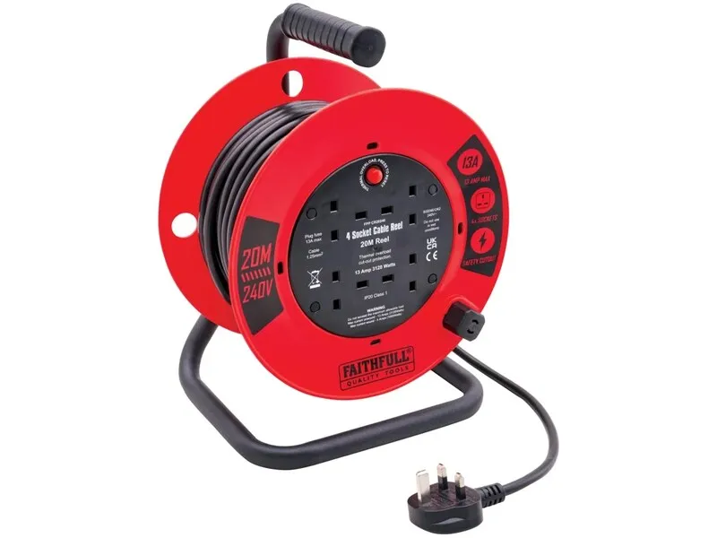 Faithfull FPPCR20240 20m Cable Reel Faithfull FPPCR20240 20m Open Frame Electric Cable Reel – 4 Socket, 13A (XMS26CR20M)