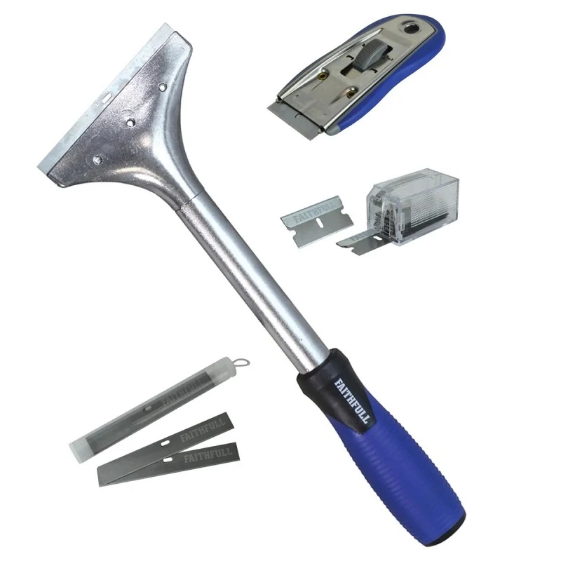 Faithfull long-handled scraper, compact glass scraper and spare blades displayed together.