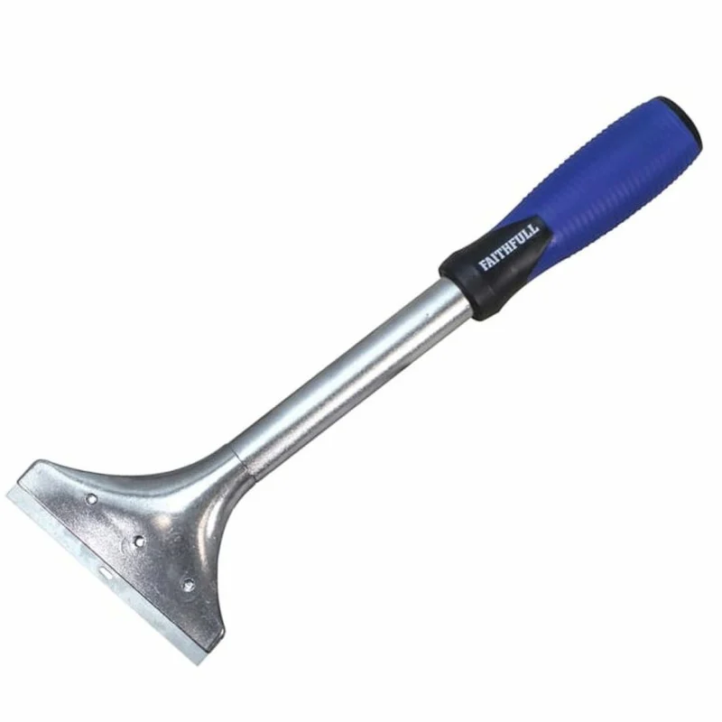 Faithfull scraper shown diagonally with a wide metal blade, long shaft and blue handle.