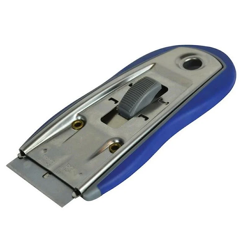 Close-up of a compact Faithfull glass scraper showing its exposed blade and sliding control.