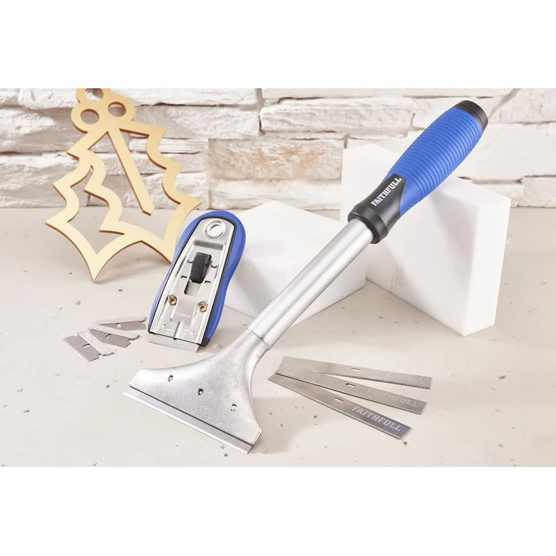 Faithfull scraper set arranged on a pale worktop with spare blades beside the handles.