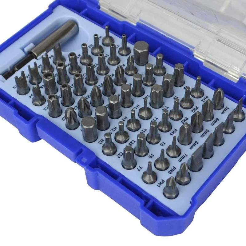 Close-up of screwdriver and security bits arranged in rows inside a blue Faithfull case.