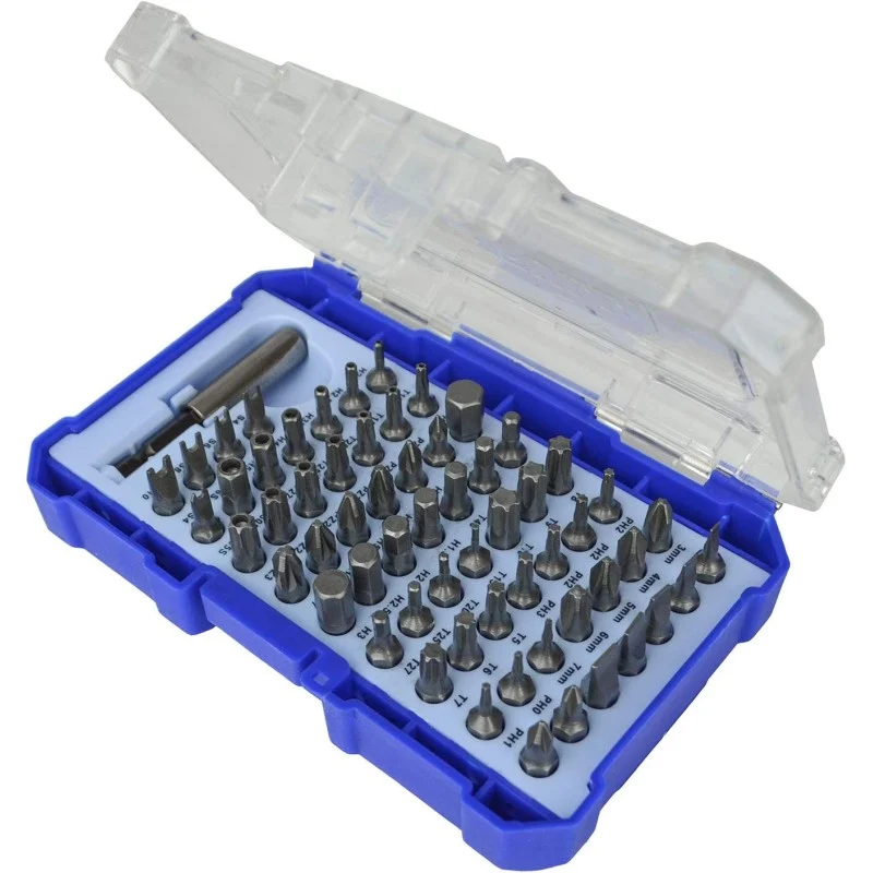 Faithfull screwdriver bit set in an open blue case with a clear hinged lid.
