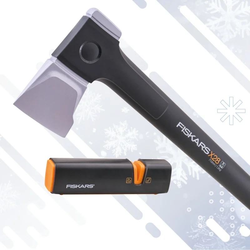 Fiskars splitting axe head and black and orange sharpener shown against a pale patterned background.