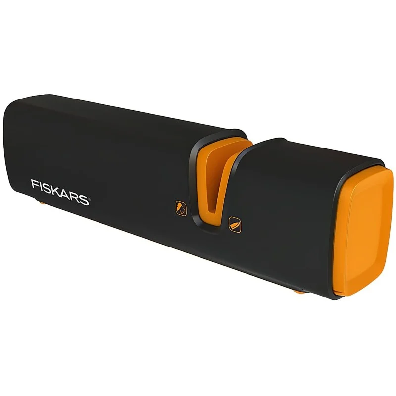 Black Fiskars sharpener with orange ends and a sharpening slot in the top.