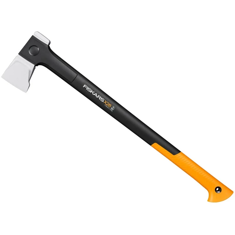 Fiskars splitting axe shown diagonally with a black shaft, orange grip and broad metal head.