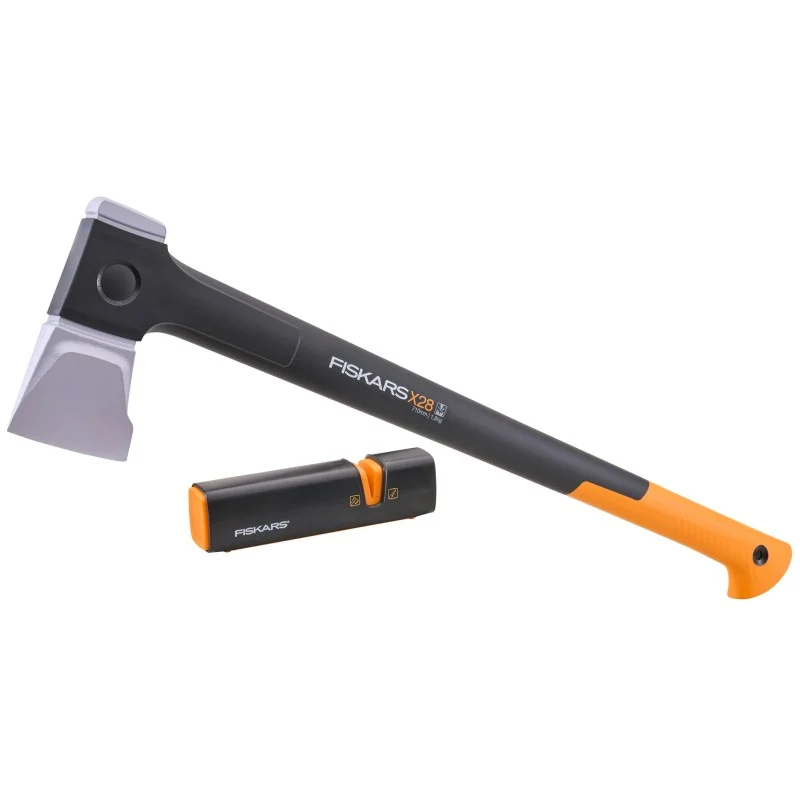 Fiskars splitting axe displayed horizontally with a compact black and orange sharpener below.