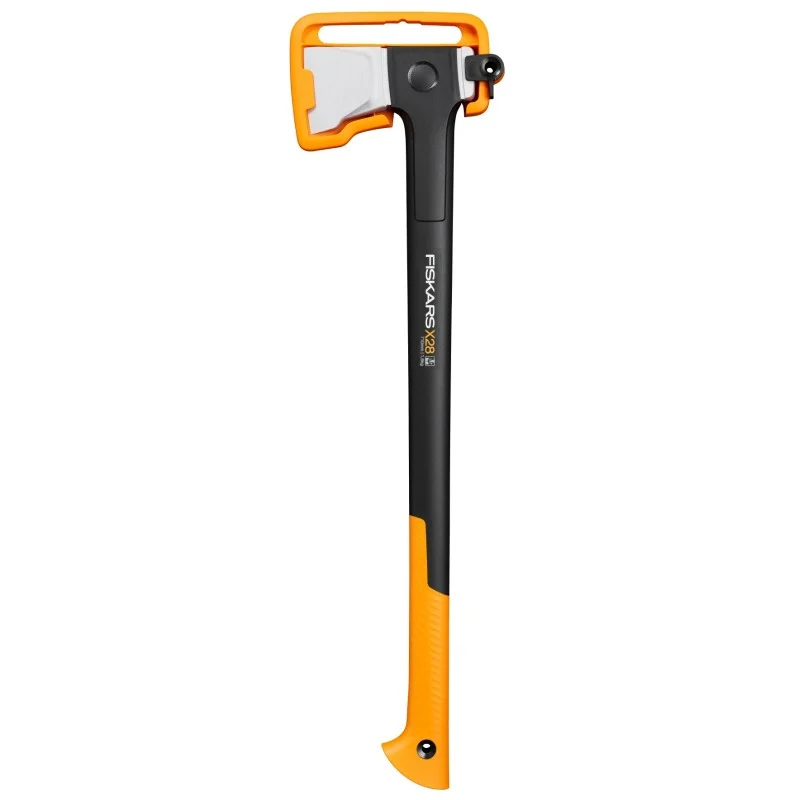 Fiskars splitting axe standing upright with an orange protective cover fitted around the head.