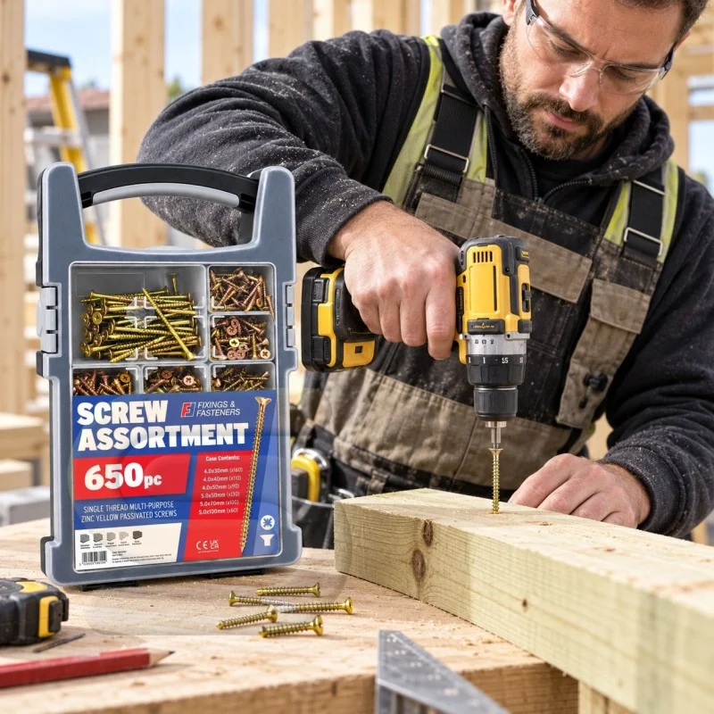 A worker driving a screw into timber with a cordless drill beside a Forgefix screw assortment case.