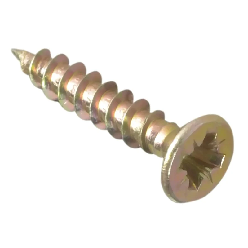 Close-up of a short gold-coloured wood screw showing its countersunk cross-recessed head and threaded shaft.
