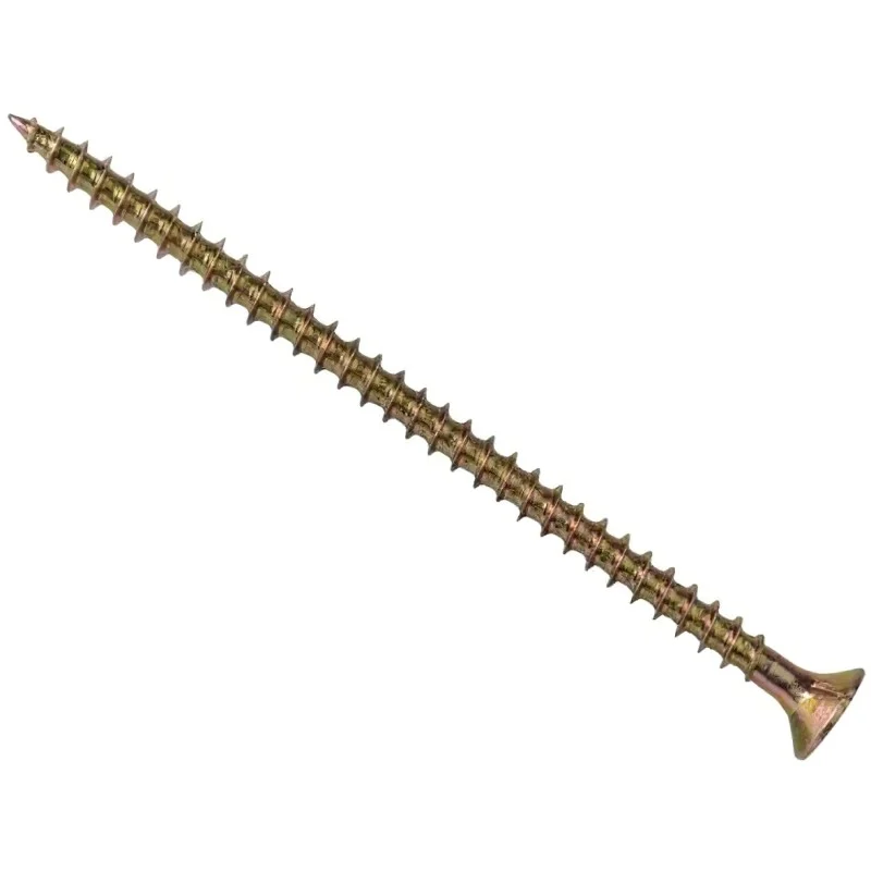 Long gold-coloured wood screw shown diagonally with threads running along its shaft.