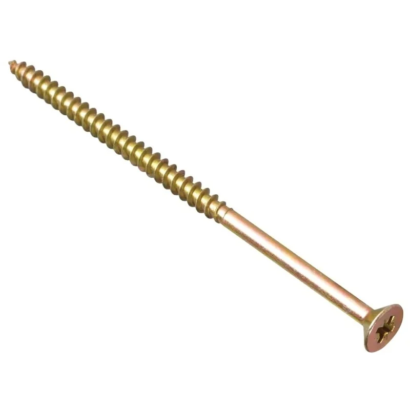 Gold-coloured wood screw with a smooth upper shank, threaded lower section and countersunk head.