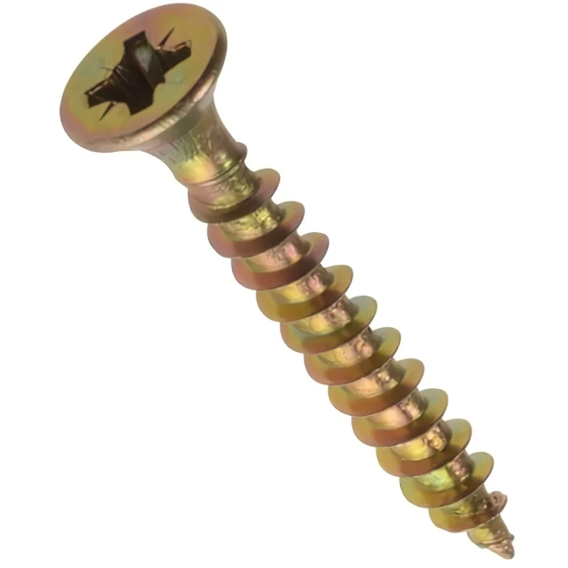 Close-up of a gold-coloured wood screw showing its cross-recessed countersunk head and coarse thread.
