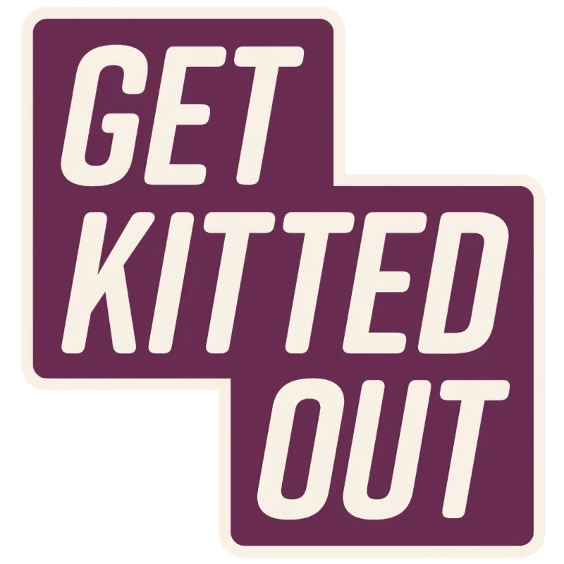 Get Kitted Out promotional logo with cream lettering on purple blocks