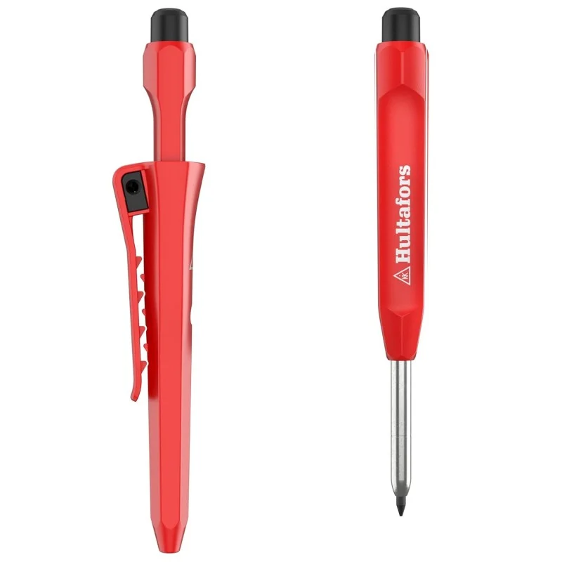 Red Hultafors dry marker shown beside its red holster with a pocket clip.