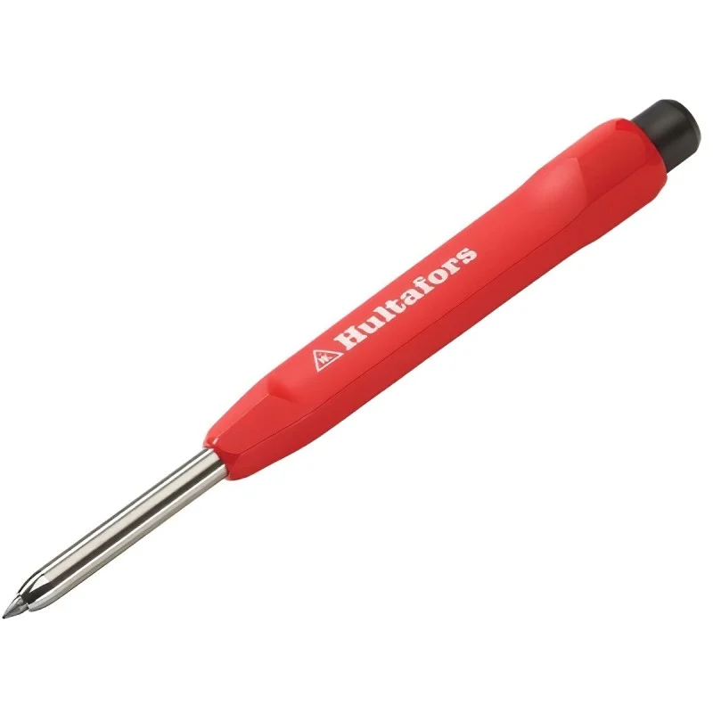 Angled view of a red Hultafors dry marker showing its long metal nose and fine tip.