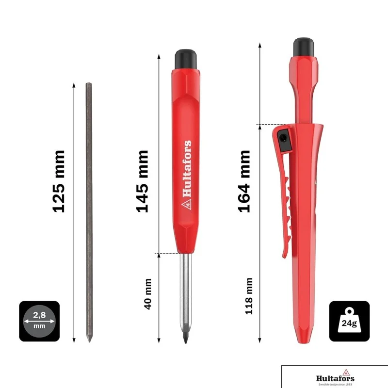 Hultafors marker diagram comparing the lead, marker and holster with labelled length measurements.