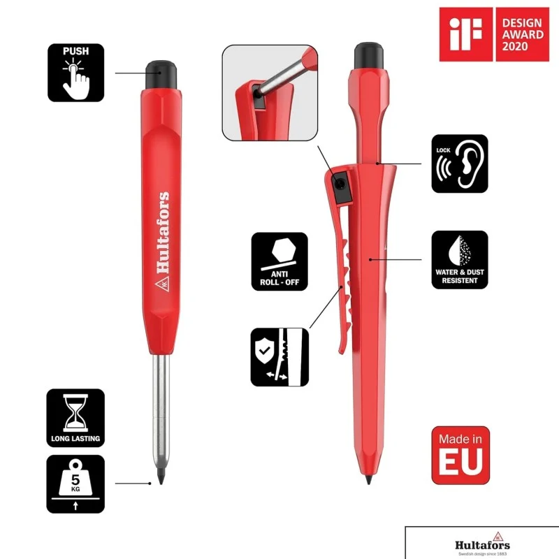 Hultafors marker and holster illustrated with icons and detail callouts describing their features.
